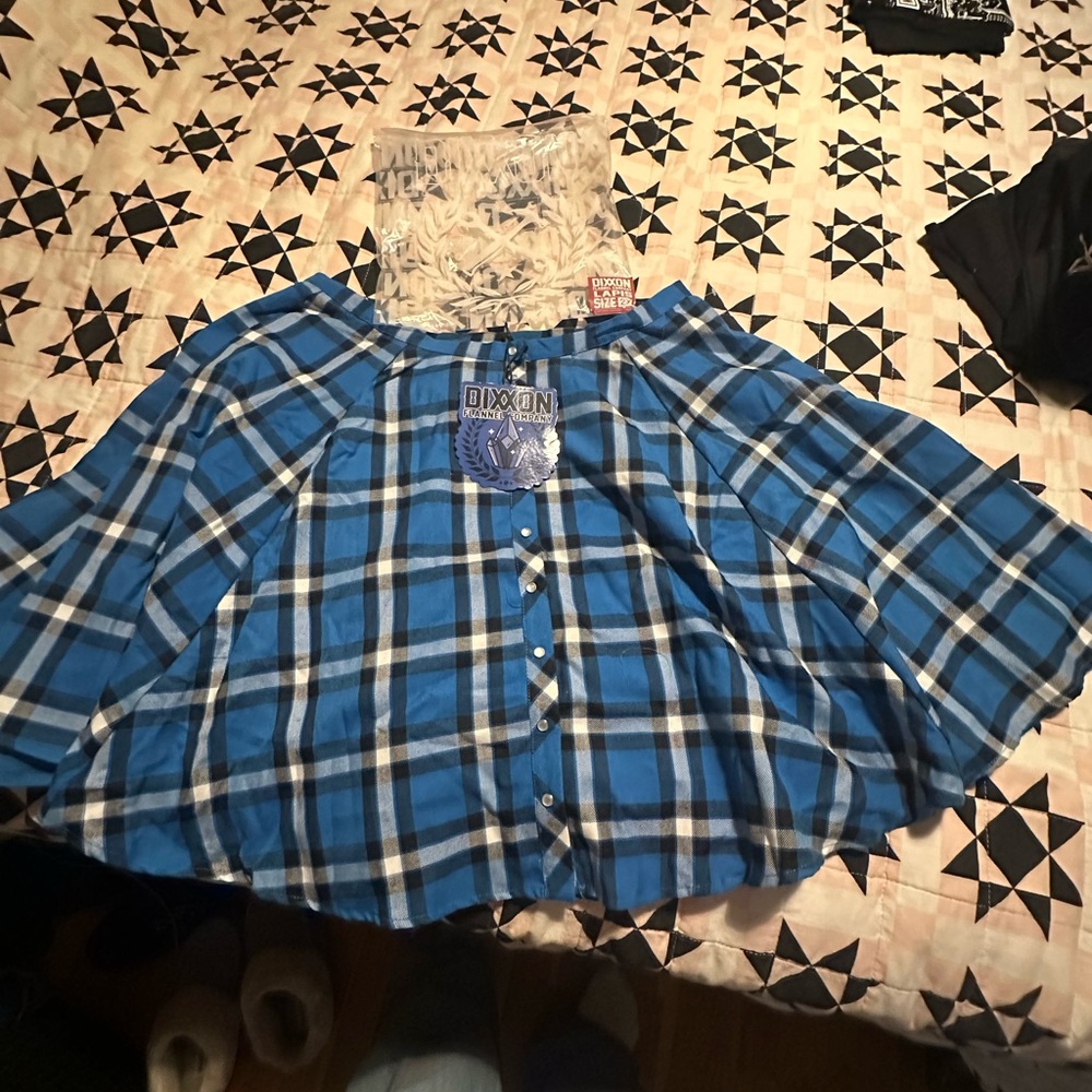 Dixxon skirt. Blue, white and black flannel. Never worn. NWT. Pearl buttons.